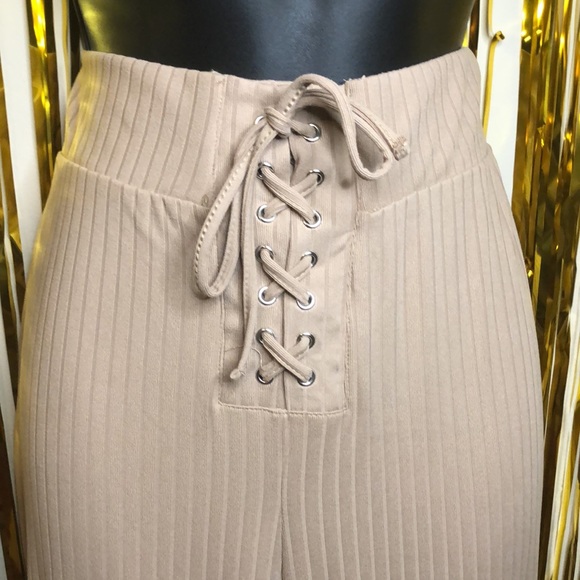NWT Tan Lace up front flared pants - Picture 3 of 6
